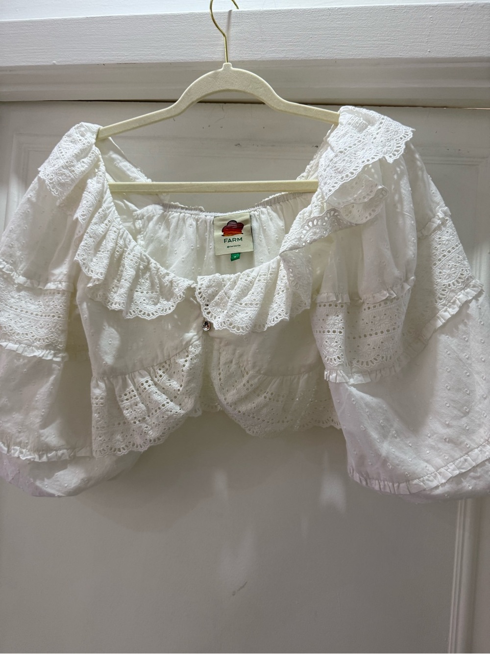 FARM Rio White Eyelet Off-Shoulder Ruffle Crop Top - Picture 6 of 8